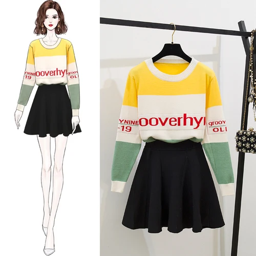 Oshangchaopin Women Knitted Outfits Patchwork Color Letters Korean Jumper Pullovers+High Waist Pleated Short Skirt Female Suits
Oshangchaopin Women Knitted Outfits Patchwork Color Letters Korean Jumper Pullovers+High Waist Pleated Short Skirt Female Suits