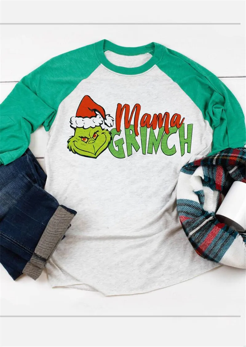 Женская футболка с принтом MAMA GRINCH круглым вырезом и рукавами реглан модная