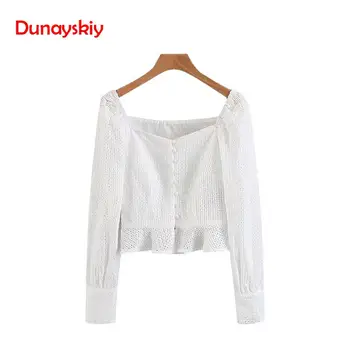 

Women Vintage Sweetheart Neck Eyelet Embroidered Blouse with Ruffles Hem Self-Covered Buttons Puffed Sleeve Top 2020 New White