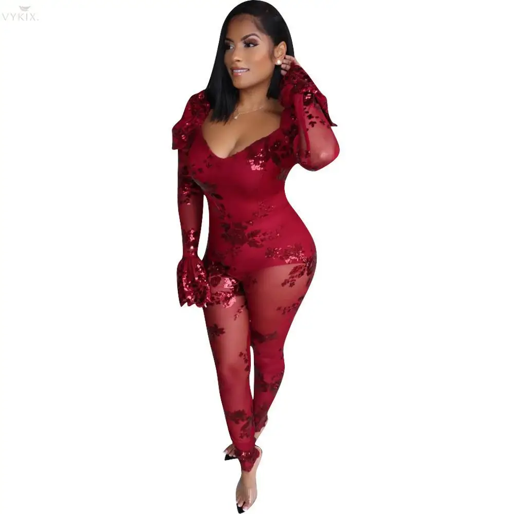Sexy Jumpsuit Women Skinny V-neck Long Sleeve Women Romper Mesh Sequined See Through Clubwear One Piece Jumpsuit Women Outfits 
Sexy Jumpsuit Women Skinny V-neck Long Sleeve Women Romper Mesh Sequined See Through Clubwear One Piece Jumpsuit Women Outfits
