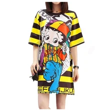QING MO 6 estilos mujeres vestido de verano 2019 estampado muñeca amarillo rayado vestido manga corta Camiseta vestido Rana Animal perro oso QM068(China)