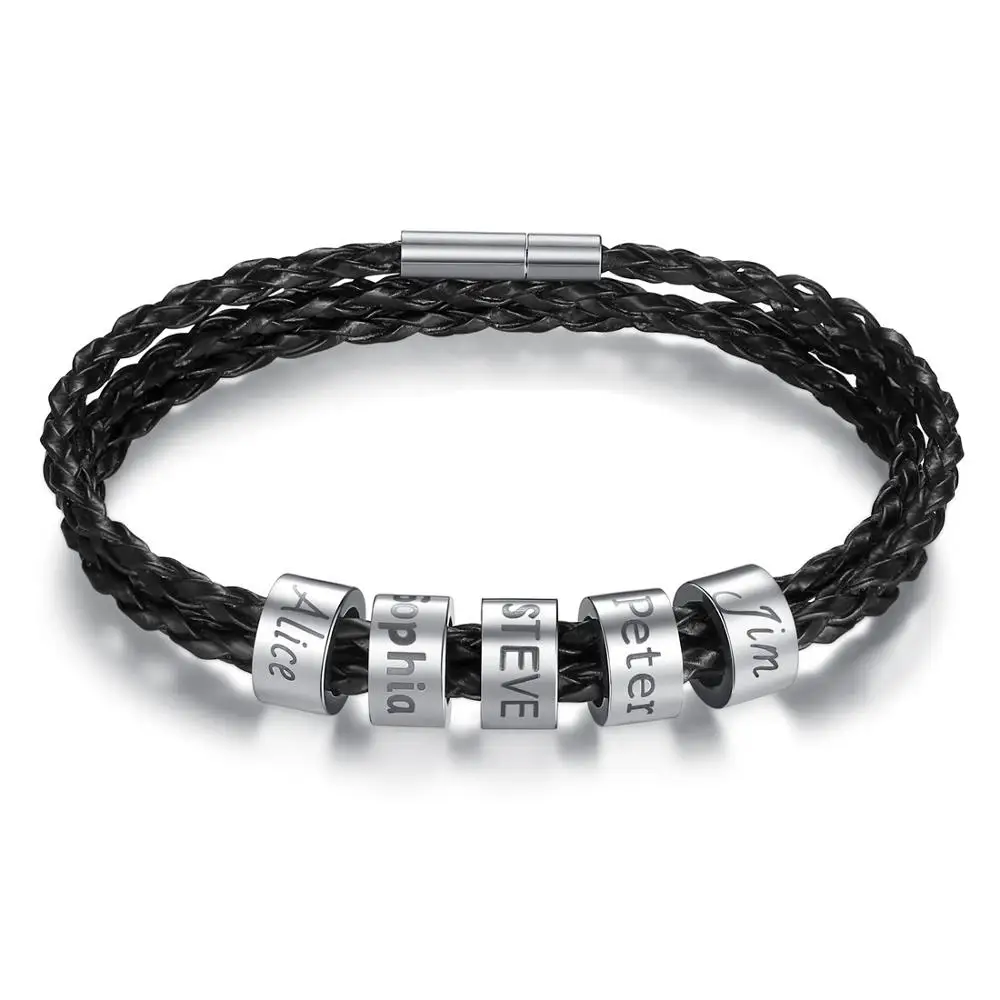 

Custom Bracelet Personalized Black Braid Leather Bracelets with 1-10 Names Engraved in Custom Beads Custom ID Bracelet for Mens