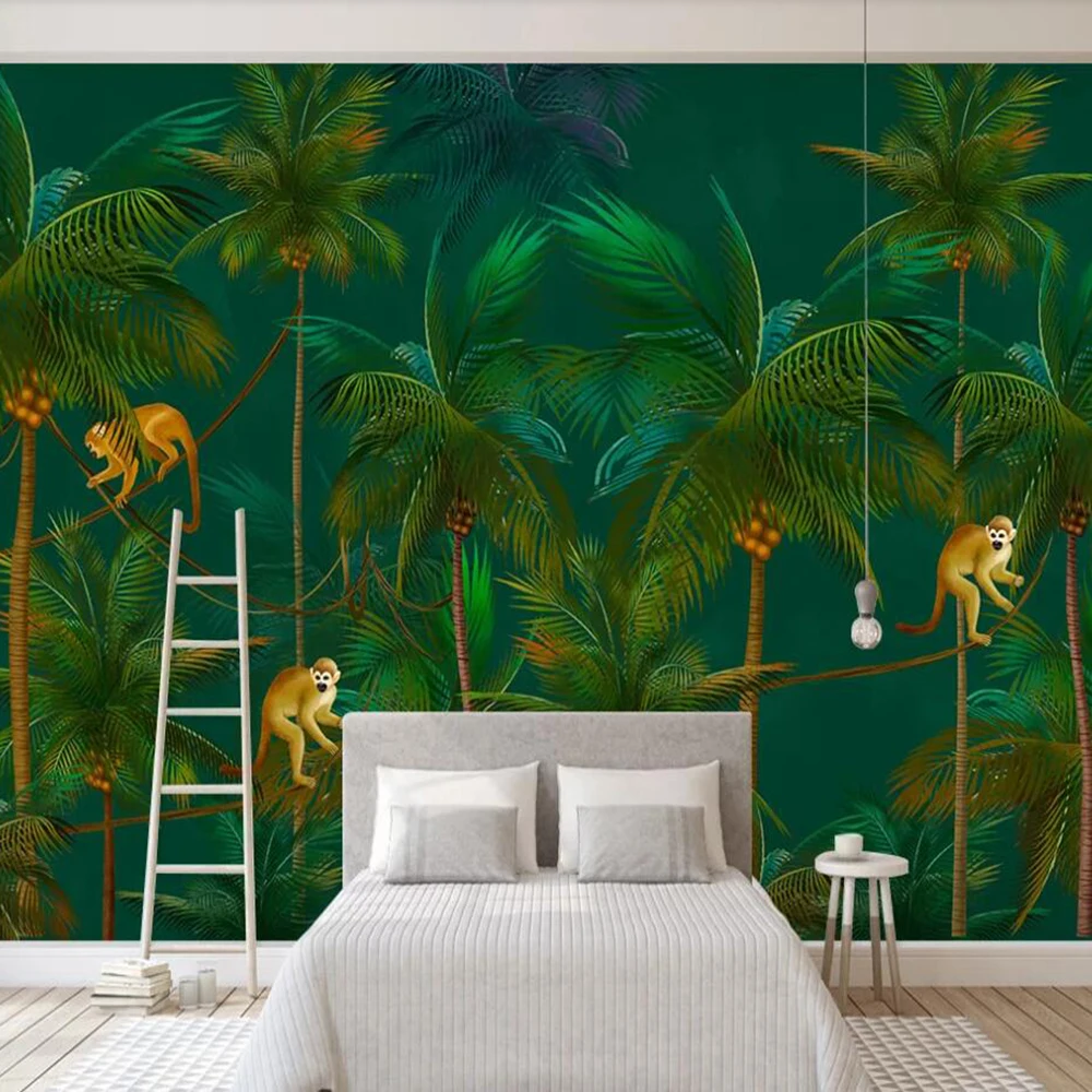 

Milofi custom large 3D wallpaper mural European retro coconut tree monkey forest background wall decoration wallpaper mural