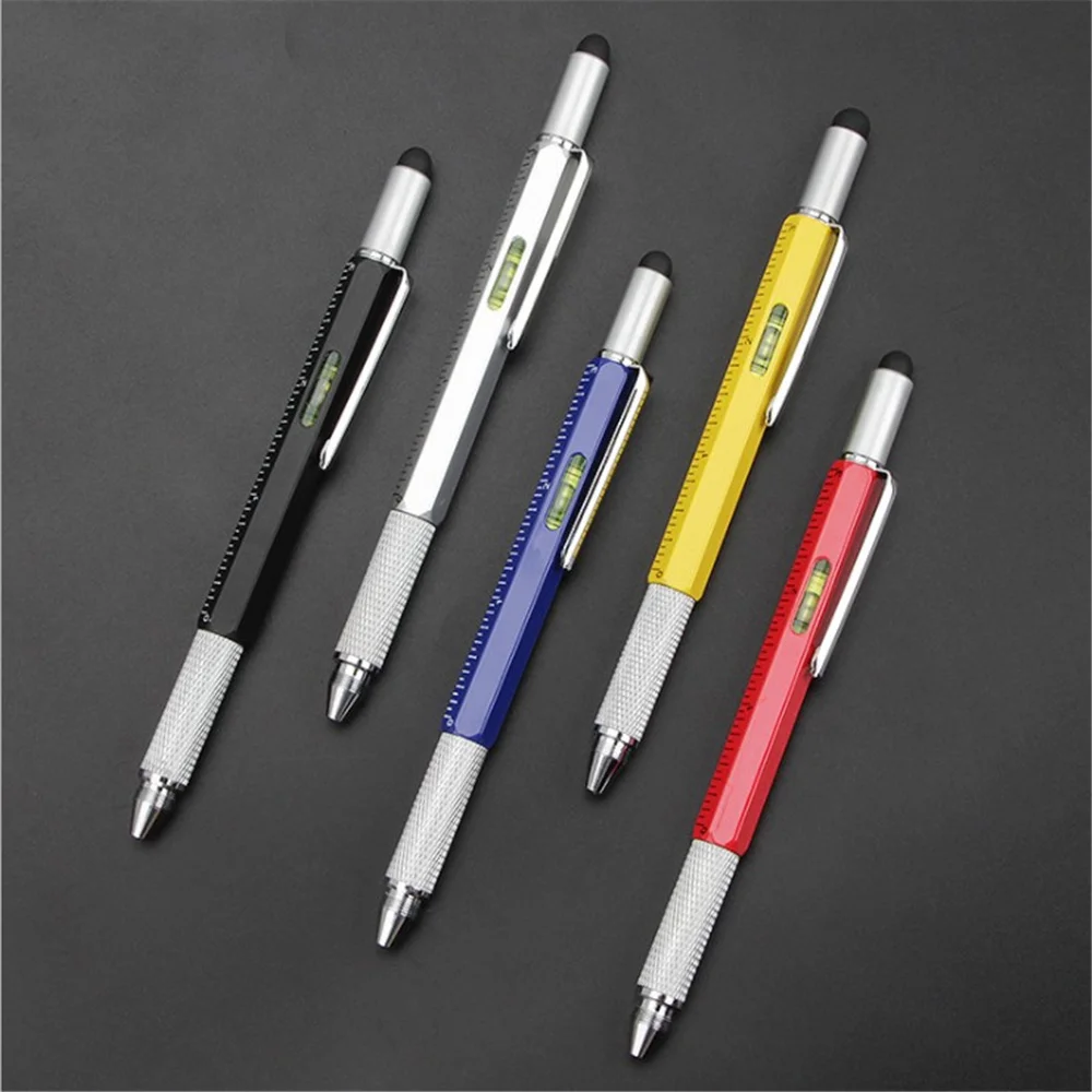 Wielofunkcyjny długopis z piórem, stylusem, płaskim bitem śrubokrętu, czarnym cienkopisem, poziomicą i linijką - Wianko - 3