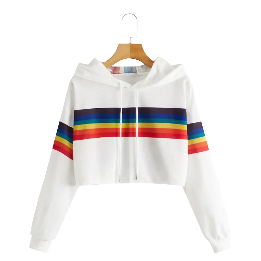 Jaycosin 2019 Fashion Autumn Women Rainbow Stripe Sweatshirt Stylish Long Sleeve Comfortable Female Casual Crop Blouse 930#10