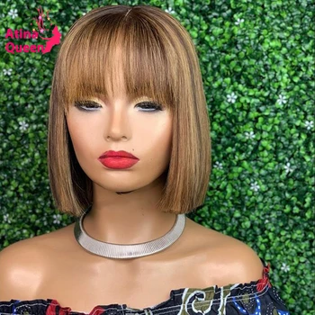 

Transparent Hd Lace Frontal Wig Preplucked With Bangs Blunt Cut Bob Wig 13x4 Highlight Remy Honey Blonde Short Lace Front Wigs