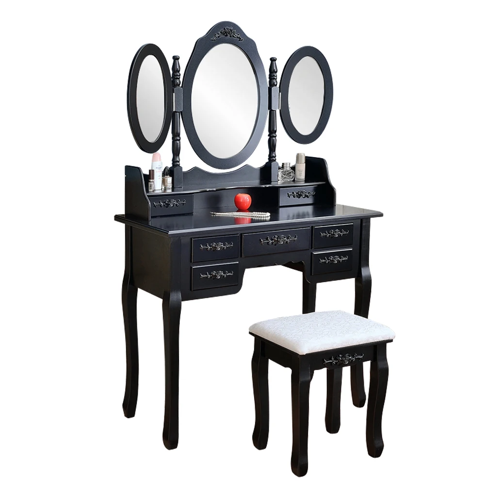 Foldable 3 Mirrors with 7 Drawers Dressing Table Simplistic Queen Anne Legs and A Dressing Stool Black
Foldable 3 Mirrors with 7 Drawers Dressing Table Simplistic Queen Anne Legs and A Dressing Stool Black