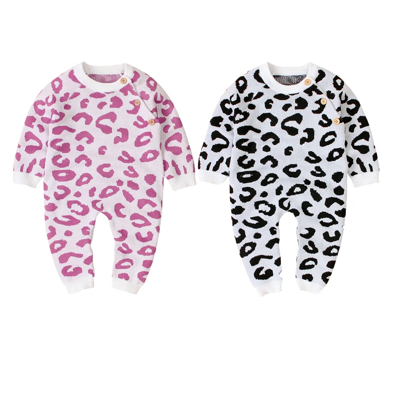 Leopard Print Infant Baby Boy Girl Knitted Romper Long Sleeve Button Wool Sweater Jumpsuit Winter Clothes Set | Детская одежда и