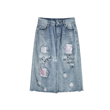 Letter Print Hole Denim Skirt Women Summer High waist Mid Length Package Hip Jeans Skirt Female Fashion sequins A-Line Skirts 
Letter Print Hole Denim Skirt Women Summer High waist Mid Length Package Hip Jeans Skirt Female Fashion sequins A-Line Skirts
