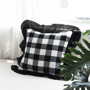 

45/50/60cm black white checkered lace frill cushion cover throw pillowcase plaid printed lumabr pillow cover backrest