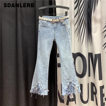 Pearl Beads Flash Bell Pants Women 2020 Spring New Korean-style Cool Slim Fit Ripped Jeans Ladies Village Denim Pants Light Blue
Pearl Beads Flash Bell Pants Women 2020 Spring New Korean-style Cool Slim Fit Ripped Jeans Ladies Village Denim Pants Light Blue
