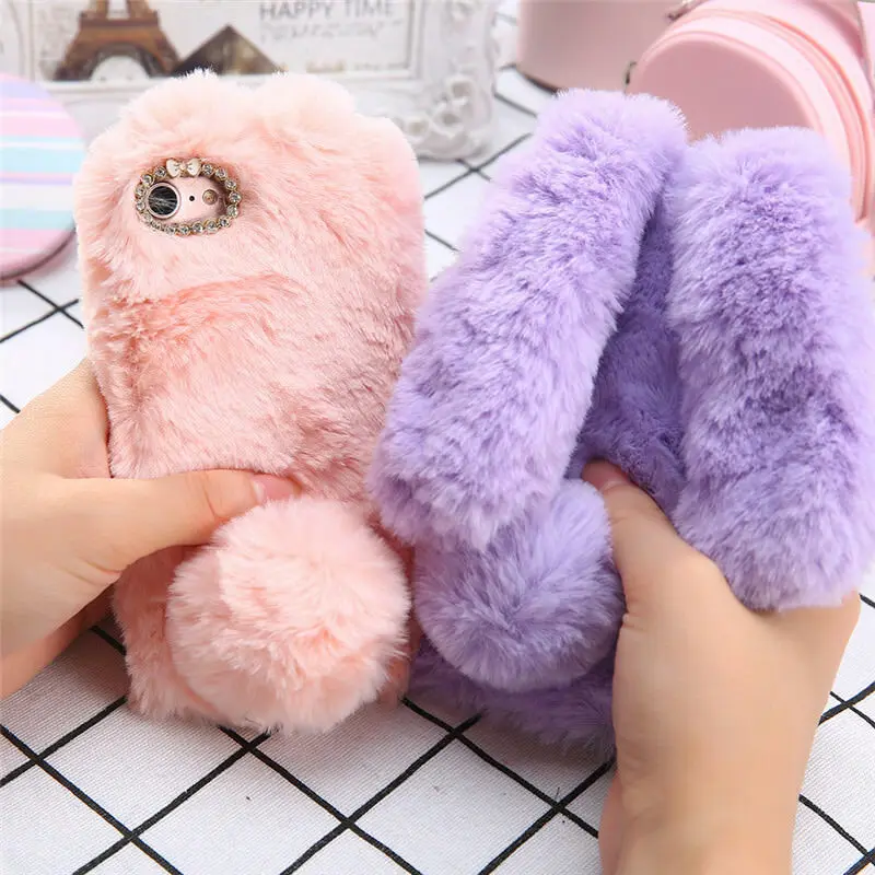 Rabbit Fur Case for Samsung galaxy S6 S7 S8 S9 S10 Plus Edge Note4 5 8 9 10 S20 Bling Plush Bunny Winter Cover | Мобильные телефоны
