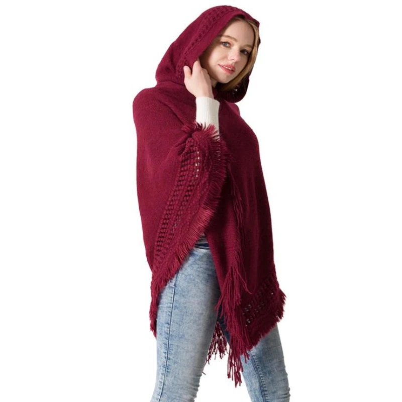 

2020 Pullover Cape Women Hooded Sweater Tassel Solid Cloak Knitting Poncho Capes Batwing Sleeves Shawls winter autumn female