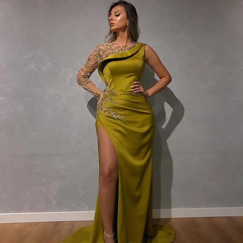 Sexy Evening Dresses O-Neck Beaded with Rhinestones Side Split Long Sleeves One Shoulder Satin Yellow Prom Party Gowns 2020
Sexy Evening Dresses O-Neck Beaded with Rhinestones Side Split Long Sleeves One Shoulder Satin Yellow Prom Party Gowns 2020