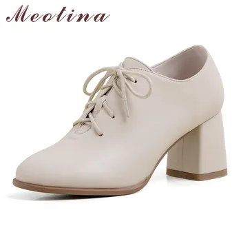 

Meotina High Heels Women Pumps Lace Up Square High Heels Derby Shoes Fashion Round Toe Shoes Ladies Black Spring Big Size 33-43