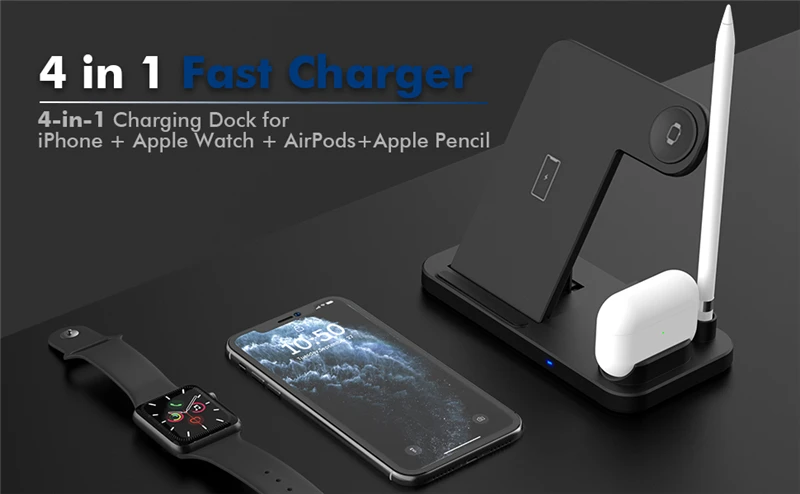 4 in 1 Wireless QI 10W Fast Charging Dock Stand For iphone 11 Pro 8 XR XS For Apple Watch 5 4 Airpods Pro Pencil Charge 4 in 1 Wireless QI 10W Fast Charging Dock Stand For iphone 11 Pro 8 XR XS For Apple Watch 5 4 Airpods Pro Pencil Charge