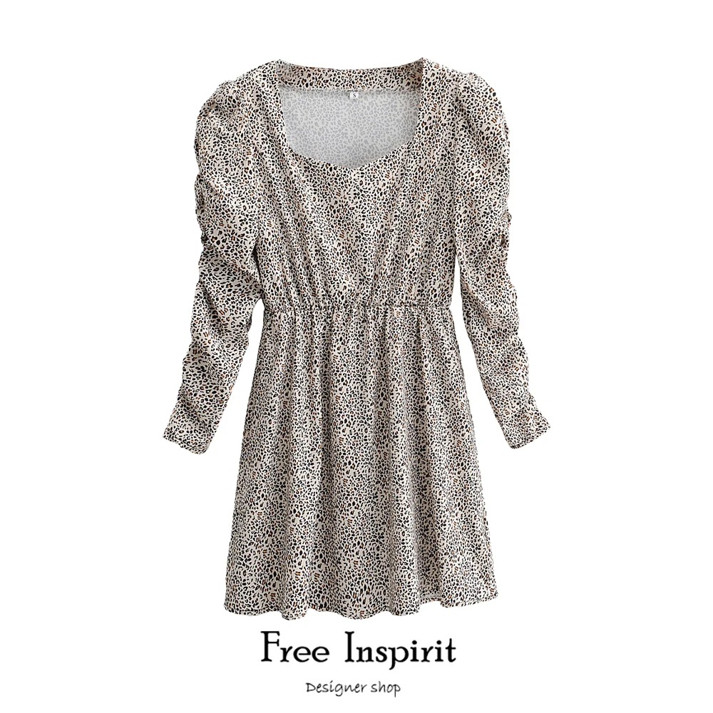 

Free Inspirit New Arrival Sexy Club Style A-line Long Sleeve Empire Waist Square Collar Women's Leopard Print Above Knee Dress