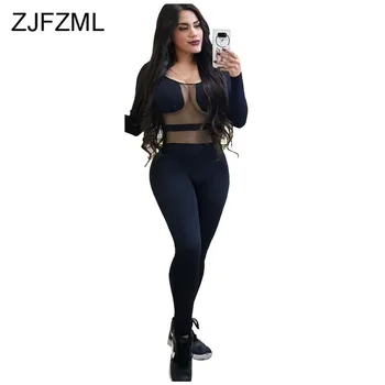 

Perspective Mesh Spliced Sexy Black Jumpsuit Women Scoop Neck High Waist Skinny Overall Long Sleeve Party Night Club Bodysuit