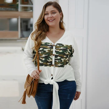 Autumn fashion women's V-neck button cardigan camouflage stitching long-sleeved sweater plus size 1XL-4XL casual wild clothing
Autumn fashion women's V-neck button cardigan camouflage stitching long-sleeved sweater plus size 1XL-4XL casual wild clothing