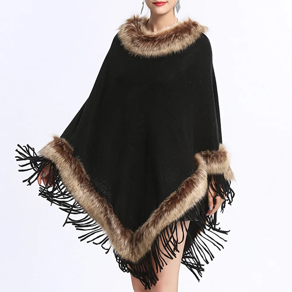 Black Office Elegant Cape Pullover Fox Fur Tassel Cape Women Winter Knitted Loose Cloak Boho Poncho Capes Shawl Sweater Coat
Black Office Elegant Cape Pullover Fox Fur Tassel Cape Women Winter Knitted Loose Cloak Boho Poncho Capes Shawl Sweater Coat