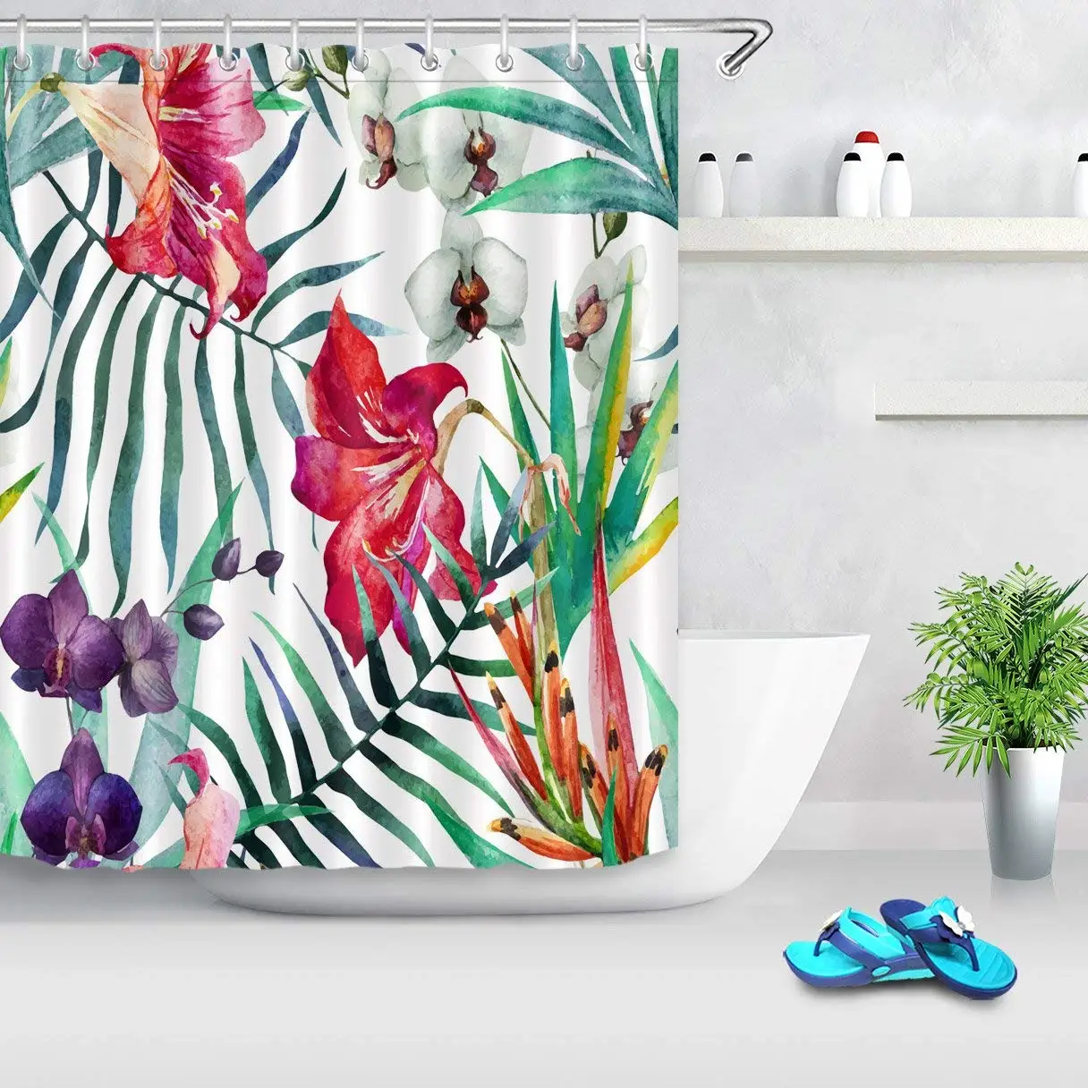 

Декоративная занавеска для душа с листьями, водонепроницаемая штора из полиэстера, стойкая к плесени, с белыми, красными, фиолетовыми цветами, для ванной комнаты