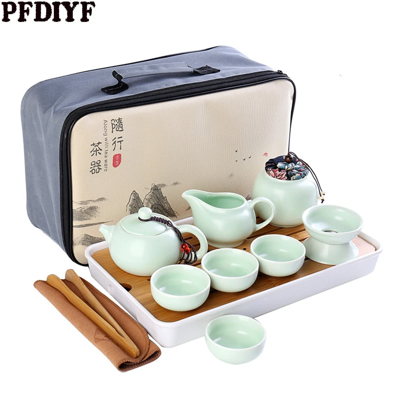 

Chinese Travel Kung Fu Tea Set with Bag Ceramic Portable Teacup Porcelain Service Gaiwan Tea Cups Mug of Tea Ceremony Teapot