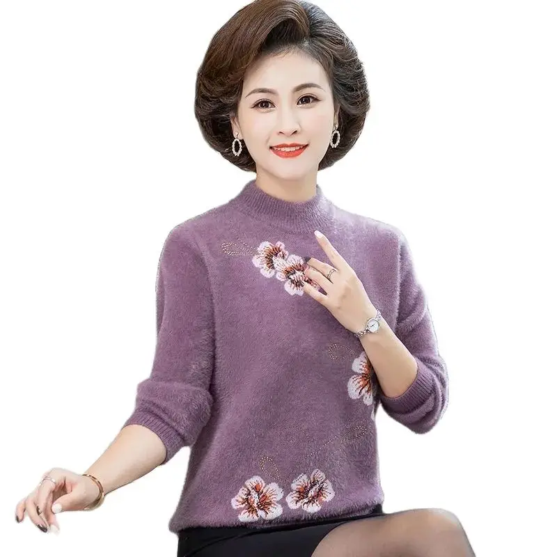 

Middle-Aged Mother 2021 Autumn Winter New Add Thick Sweater Imitate Mink Velvet Keep Warm Elegant Miss Base Shirt 4XL