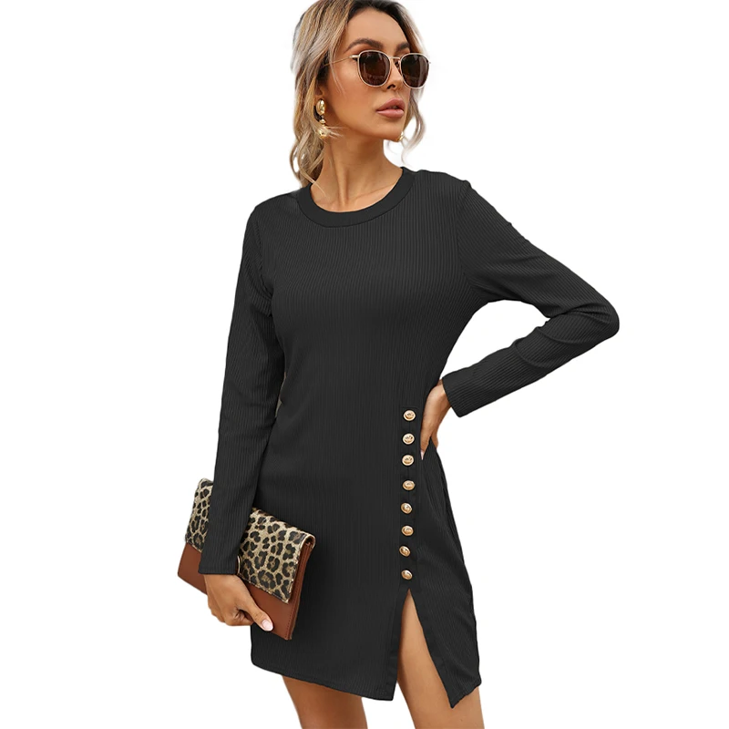 QINJOYER Women Elegant Dress Sexy Mini Party Dress Cotton Ribbed Knitted Mini Dress O-Neck Solid Split Long Sleeve Ladies Dress
QINJOYER Women Elegant Dress Sexy Mini Party Dress Cotton Ribbed Knitted Mini Dress O-Neck Solid Split Long Sleeve Ladies Dress