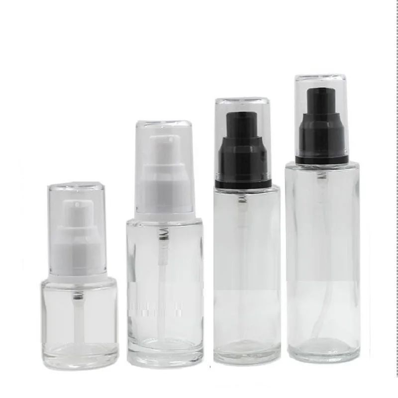 

8pcs Empty Clear Glass Bottle Black White Pump Essence Skincare Refillable Lotion Pump Bottles 20ml 30ml 40ml 50ml 60ml 80ml