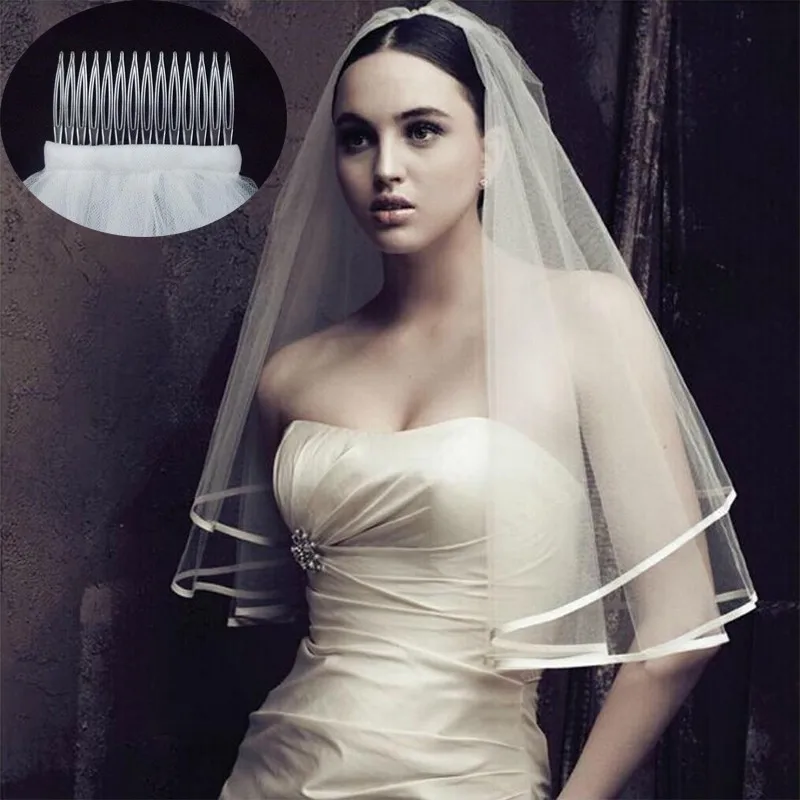 Фото Simple and Elegent Wedding Veil Bridal Tulle Veils with Comb Lace Ribbon Edge White Ivory |