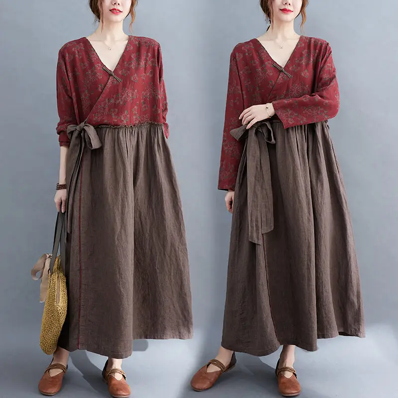 

Retro Dress Women's Autumn Printed Stitching Literary V-Neck Ethnic Loose Linen Dress Lace Up Korean Clothing M714