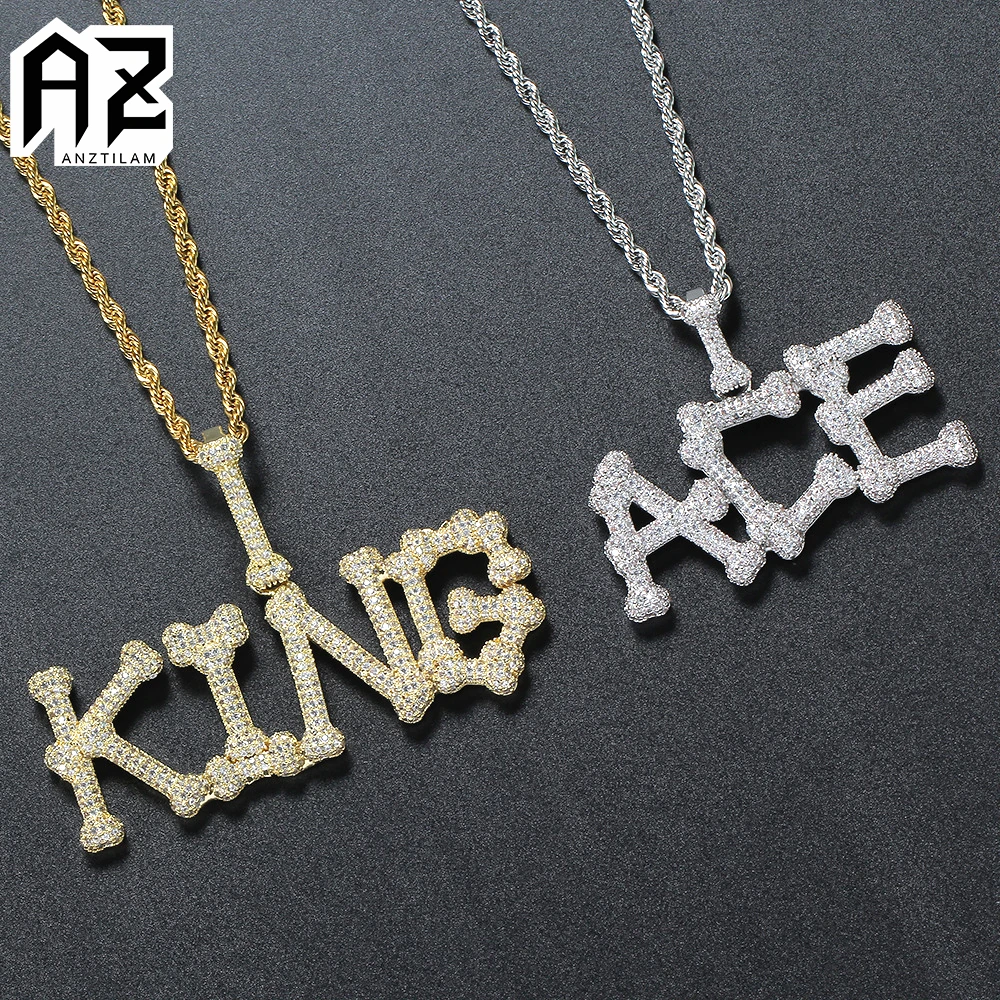 

AZ New Custom Bone Letters Necklace Iced Out Pendants With Bling Zircon For Women Men Goth Jewelry With Long Chain Free Shipping