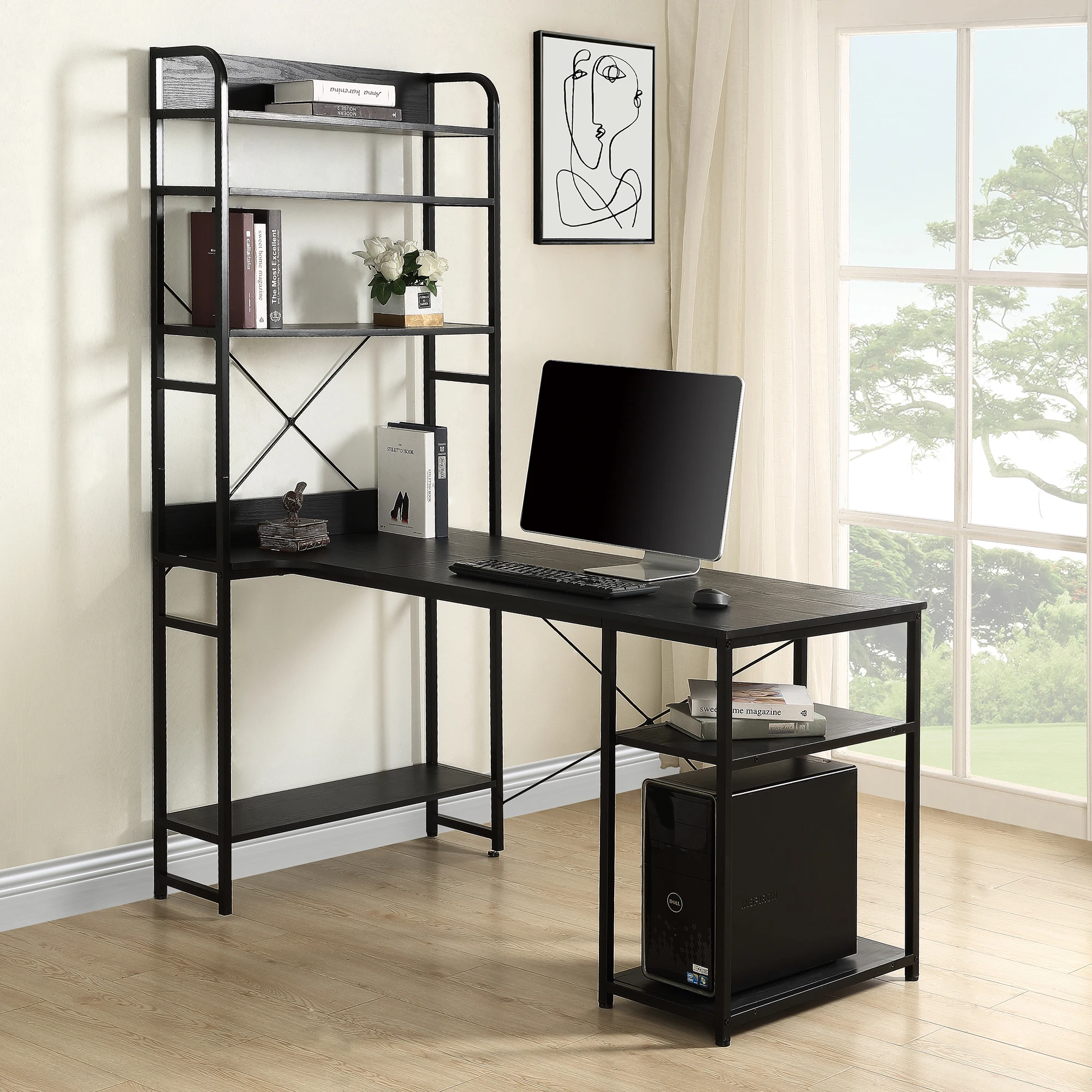 Home Office computer desk——Metal frame and MDF board/5 tier open bookshelf/Plenty storage space
Home Office computer desk——Metal frame and MDF board/5 tier open bookshelf/Plenty storage space
