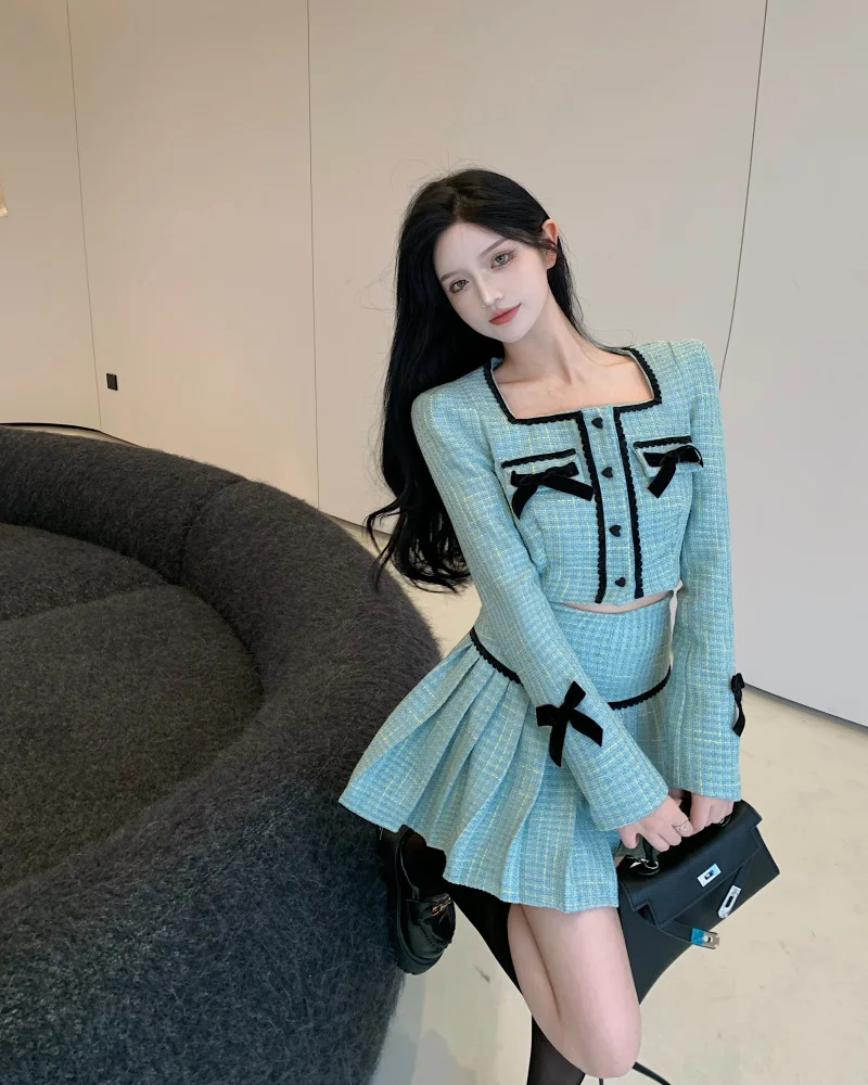 FREE SHIPPING Winter Fall Tweed Women Sweet Bowknot Coat Jacket And Pleated Mini Skirt JKP4860