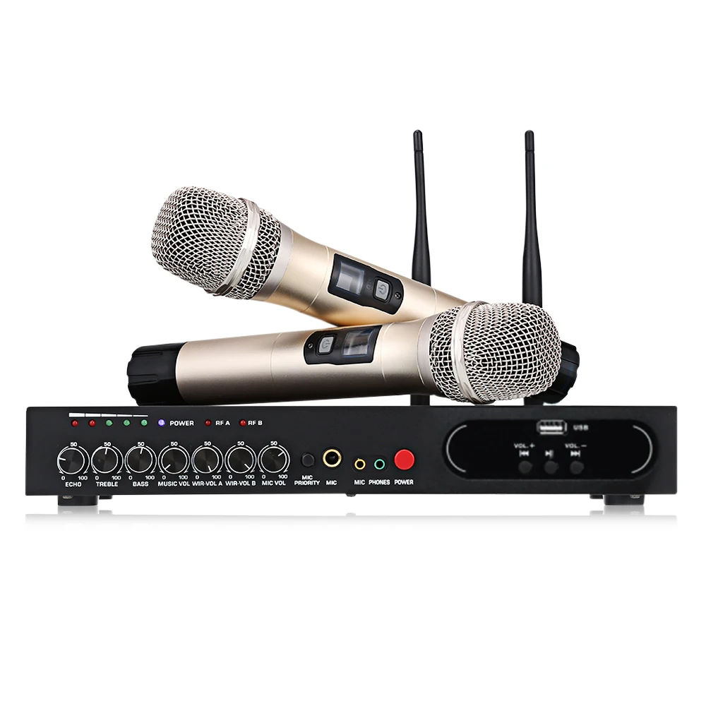 Excelvan MU-6S Wireless Handheld Microphone Dual Channel UHF System with Fixed Frequencies Bluetooth Dynamic Cartridge Effect
Excelvan MU-6S Wireless Handheld Microphone Dual Channel UHF System with Fixed Frequencies Bluetooth Dynamic Cartridge Effect