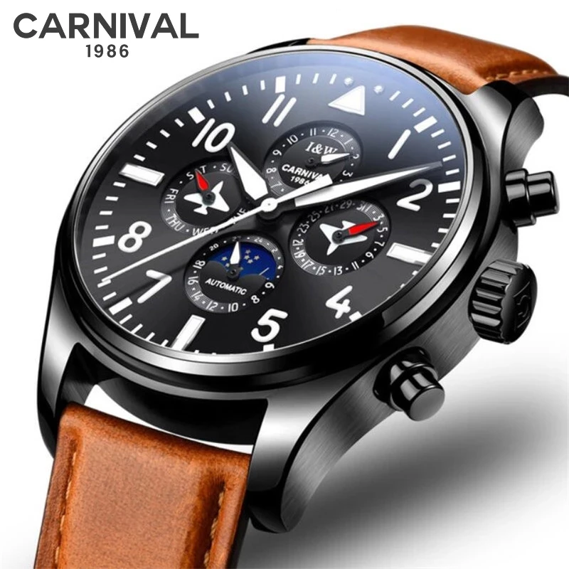 

Carnival Brand Fashion Pilot Mechanical Watch for Men Luxury Moon Phase Month Week 24H Automatic Wristwatch 30m Waterproof Reloj