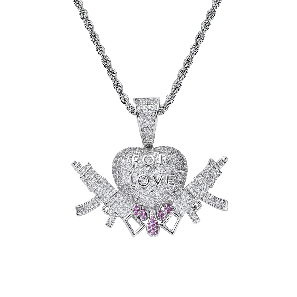 

Iced Out Chain 18K Gold Plated Bling CZ Simulated Diamond Heart-shaped FOR LOVE Double Gun Pendant Hip Hop Necklace Jewelry