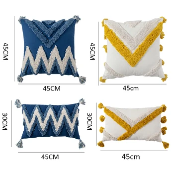 

Cushion Cover Moroccan Style Abstract Zigzag Navy Mustard Pillowcase Tassels Fringe Square Rectangle Pillow Cover Home Decor