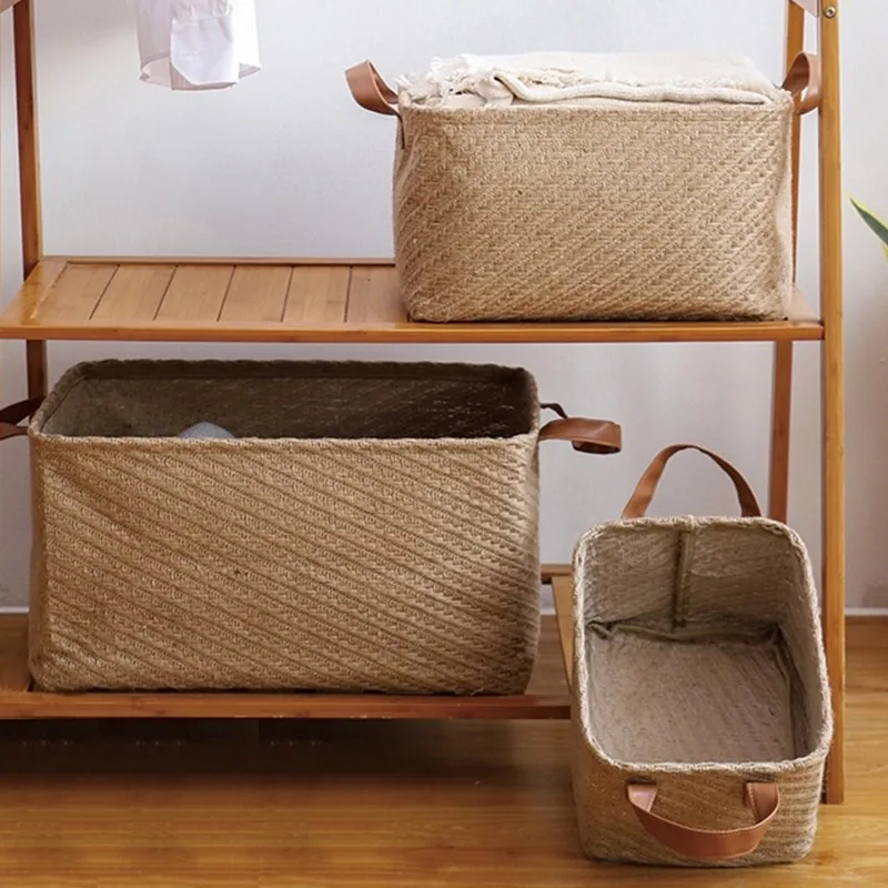 

Large Storage Box Foldable Woven Storage Basket With Pu Handles Jute Organizer Box For Home Décor Sundries Closet Collation