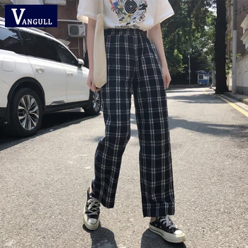 Vangull Pants Women Plaid Retro Pockets Elastic Waist Korean Style All-match Womens Spring Long Trousers Straight Leisure Loose 
Vangull Pants Women Plaid Retro Pockets Elastic Waist Korean Style All-match Womens Spring Long Trousers Straight Leisure Loose