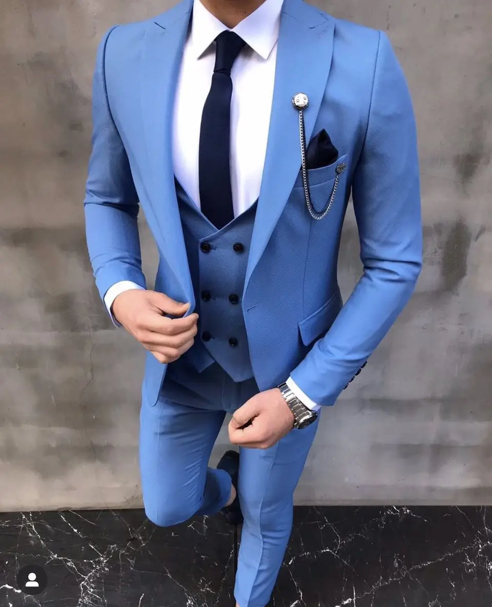 New Arrival Sky Blue Full Men Suits Custom Made Slim Fit Blazer for Wedding Peak Lapel Coat Groom Wear 3Pcs Jacket+Vest+Pants
New Arrival Sky Blue Full Men Suits Custom Made Slim Fit Blazer for Wedding Peak Lapel Coat Groom Wear 3Pcs Jacket+Vest+Pants