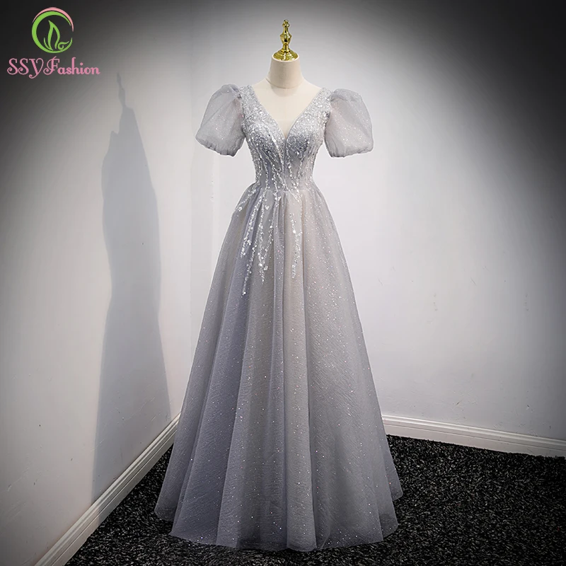 SSYFashion Elegant Grey Evening Dress for Women V-neck Puff Sleeve A-line Sequins Beading Formal Party Gowns Vestidos De Noche
SSYFashion Elegant Grey Evening Dress for Women V-neck Puff Sleeve A-line Sequins Beading Formal Party Gowns Vestidos De Noche