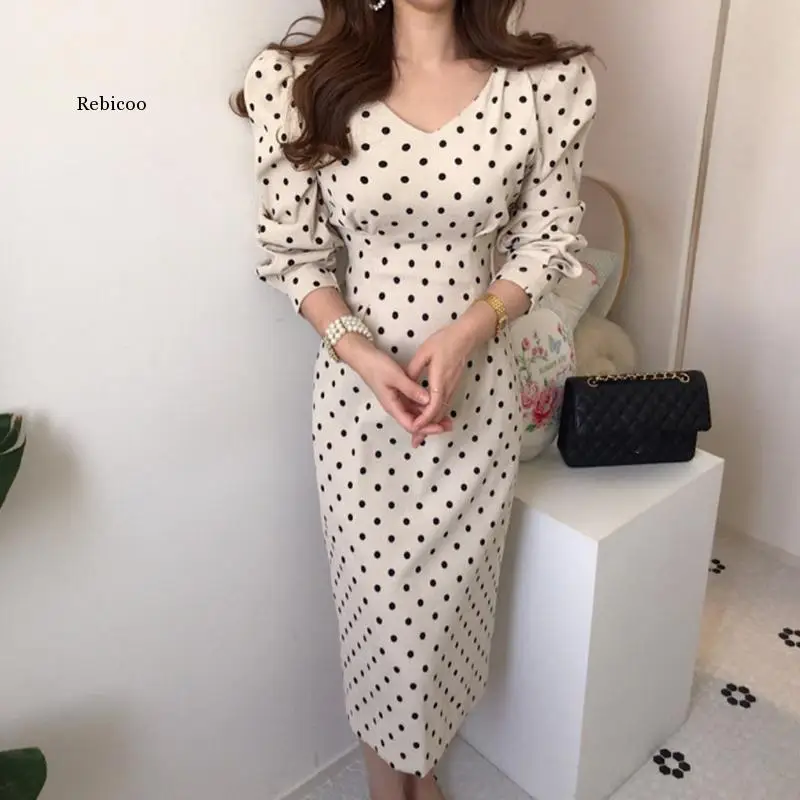 

French Style Spring Autumn Women Casual Polka Dot Print A-Line Party Corduroy Dresses Eleagnt Lace-Up Slim Fashion