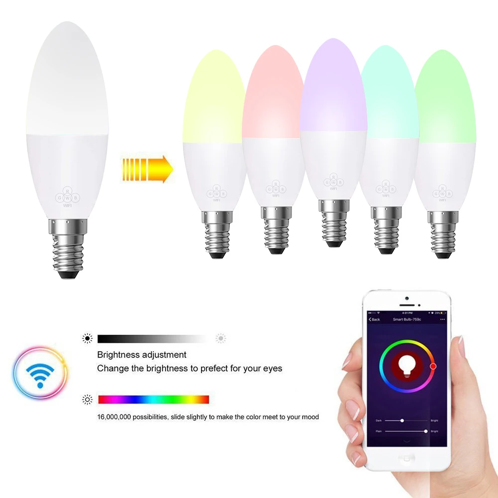 Smart WiFi Candle Bulb E14/E27 RGB Bulb Support Alexa/Google Home/IFTTT Smart Speaker Voice Control 6W Led Lights Decoration
Smart WiFi Candle Bulb E14/E27 RGB Bulb Support Alexa/Google Home/IFTTT Smart Speaker Voice Control 6W Led Lights Decoration