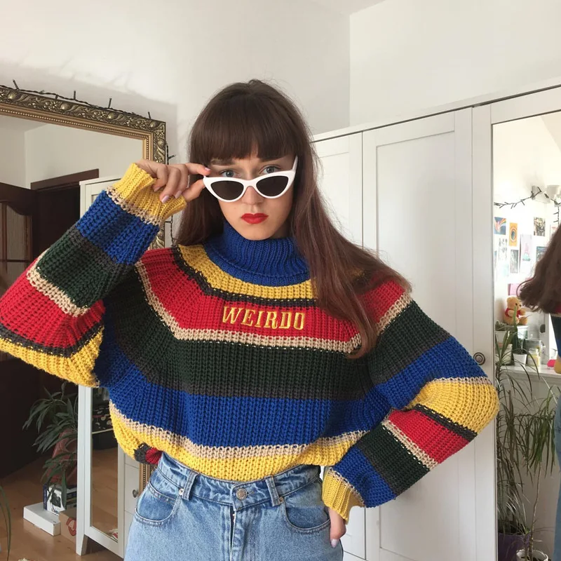 2019 Autumn and Winter Sweater Rainbow Striped Letter Embroidered High-collar Loose Casual Pullover Woolen Sweater Women
2019 Autumn and Winter Sweater Rainbow Striped Letter Embroidered High-collar Loose Casual Pullover Woolen Sweater Women