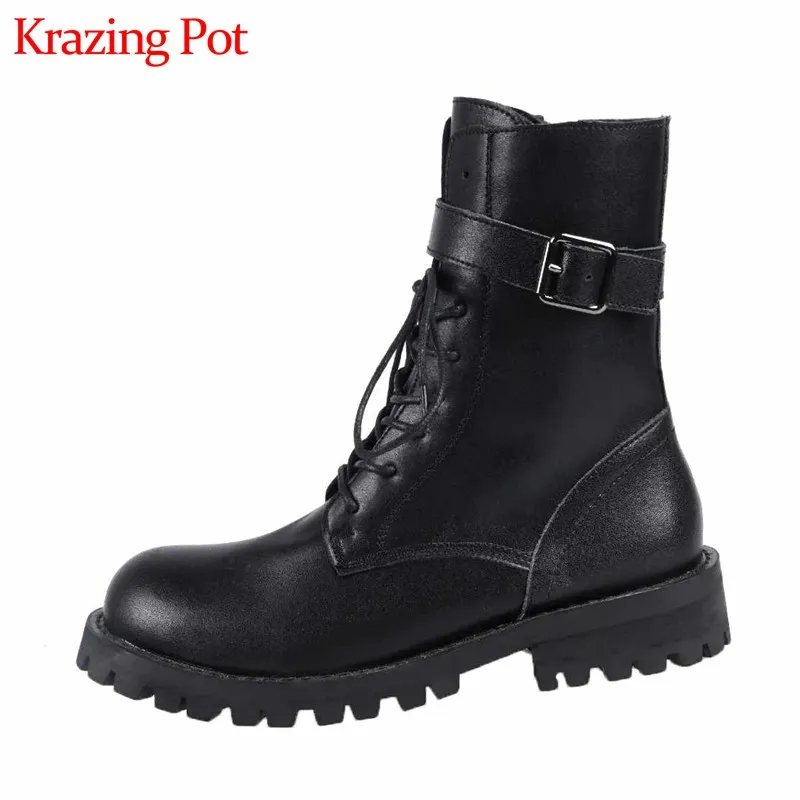 Krazing Pot genuine leather motorcycles boots belt buckle round toe high heels side Zipper lace up keep warm mid-calf boots L11
Krazing Pot genuine leather motorcycles boots belt buckle round toe high heels side Zipper lace up keep warm mid-calf boots L11