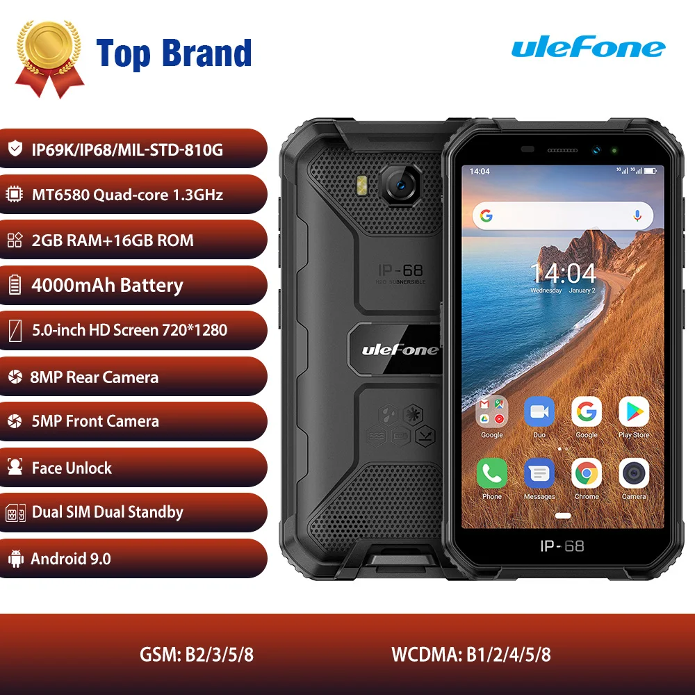 

Ulefone Armor X6 ip68 MT6580 Rugged Waterproof Smartphone Android 9.0 Cell Phone Quad-core 2GB 16GB 3G LTE Mobile Phone