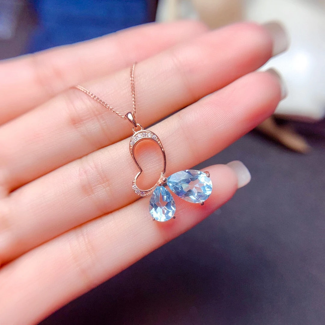 

Heart Style Natural Blue Topaz Pendant of Women Necklace Fine Jewelry Real 925 Silver Rose Gold Color 2 pcs Natural Gemstone