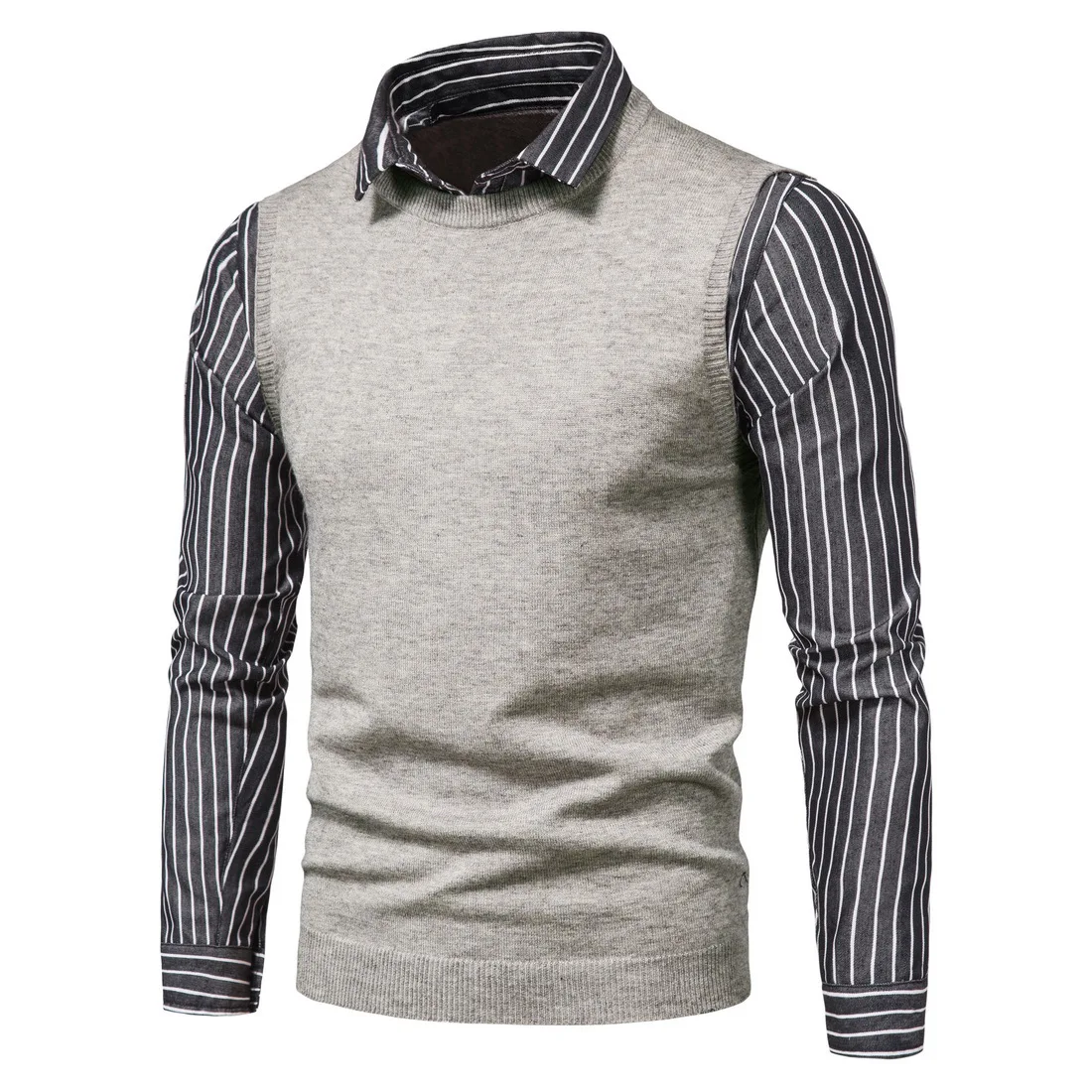 2020 autumn and winter new foreign trade men's sweater lapel fake two-piece sweater men's bottoming shirt 2020 autumn and winter new foreign trade men's sweater lapel fake two-piece sweater men's bottoming shirt