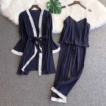 autumn home service women sexy pajamas set 3 pieces cotton lace pajamas for women robe+sling+pants with belt female sleepwear 
autumn home service women sexy pajamas set 3 pieces cotton lace pajamas for women robe+sling+pants with belt female sleepwear